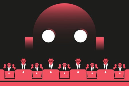 People working at the computers and giant robot ominously rising behind them