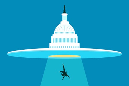 Illustration of UFO abducting a man with a lightbeam, the top of the UFO looks like the dome of the United States Capitol Building in Washington D.C.