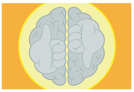 Illustration of two parts of a brain, with a thumbs up on one side and a thumbs down on the other side